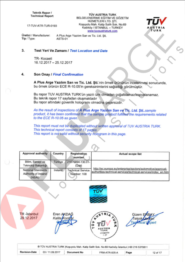 ECE R-10.05 Elektromanyetik Uyumluluk Sertifikası